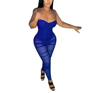 Womens One-Piece Suit Sleeveless See-through Pleated Sling Jumpsuit